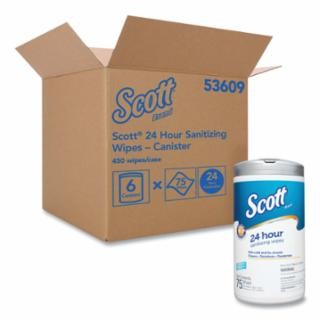 6 canisters per case - 24 Hour Sanitizing Wipes, 17.5 oz Capacity Wt, 75 Wipes/Container